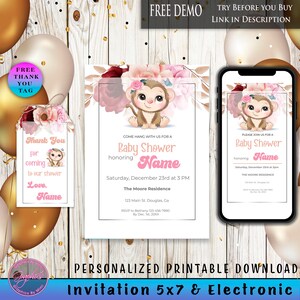 May include: Printable baby shower invitation with a pink and gold color scheme. The invitation features a cartoon monkey with a floral crown and the text "Come hang with us for a Baby Shower honoring Name. Saturday, December 23rd at 3 PM. The Moore Residence. 123 Main St. Douglas, Ga. RSVP to Bethany 123-456-7890 by Dec. 1st, 20XX".