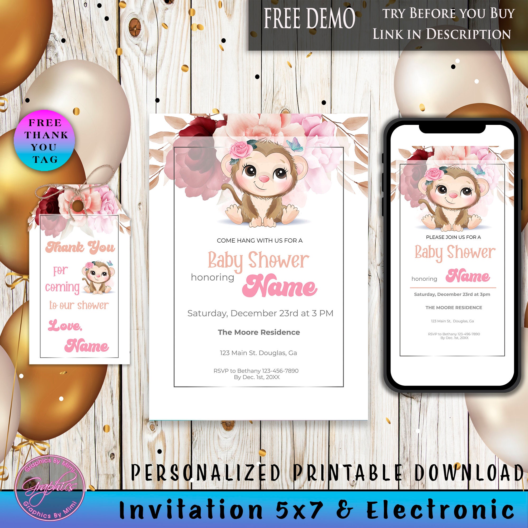 Monkey Mobile Invite, Monkey Invitation, Baby Monkey Theme, Baby ...