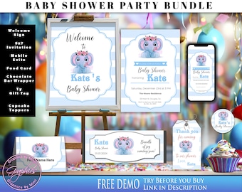 Baby Elephant, Baby Shower Invite, Editable Design, Phone Invitation, Baby Shower Bundle, Chocolate Wrapper, Baby Shower Welcome -K5282