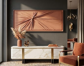 Terracotta 3D Wall Art, Textured Canvas Art, Abstract Sunburst Relief, Burnt Orange Large Hanging