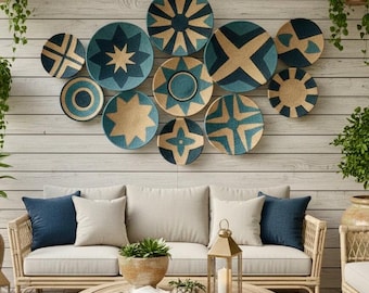 Natural Blue Woven Wall Baskets: Boho Wall Decor, Set of 11