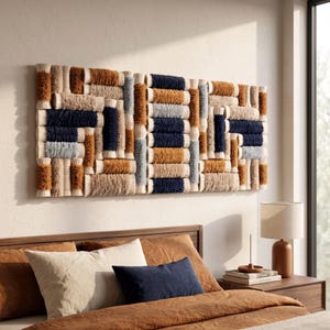 May include: A rectangular wall hanging composed of horizontal and vertical segments of textured yarn in shades of navy blue, mustard yellow, light gray, and beige. The piece features a repeating geometric pattern of wrapped fiber bundles.