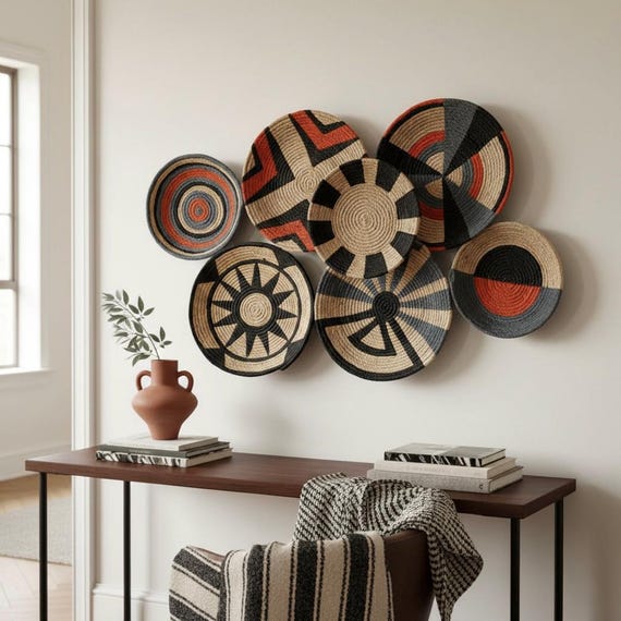 Wicker Wall Plate Set: Boho Balcony Decor, African Style (7 Pieces)