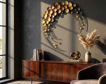Modern Metal Wall Art Sculpture, Abstract Gold Black Wall Decor