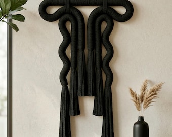 Large Black Fiber Wall Sculpture - Modern Macrame Rope Art for Sophisticated Interiors