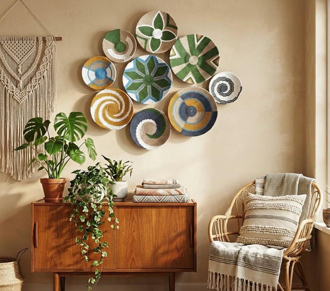 Woven Basket Wall Decor Set: Boho Bohemian Wall Plates - Etsy