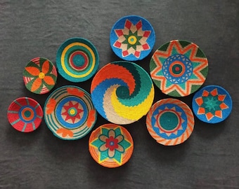Woven Wall Basket Set: Boho African Decor, Orange Plates (10 Piece)