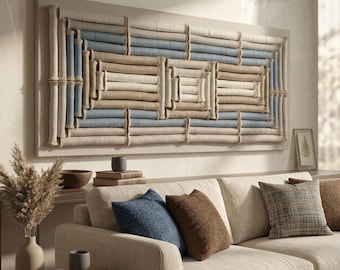 Large Japandi Geometric Fiber Art, Sound Absorbing Wall Decor, Knotless Thread Wrapped Canvas