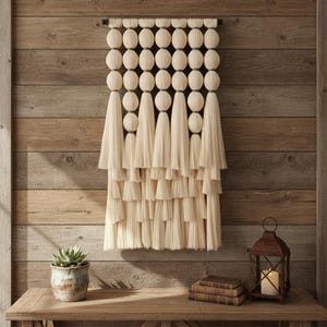 Tapiz de pared tejido bohemio: Tapiz grande con borlas color crema, estilo Caralarga