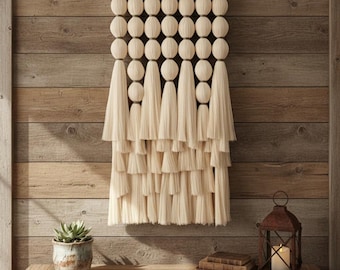 Boho Woven Wall Hanging: Large Cream Tassel Tapestry, Caralarga Style