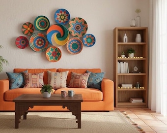 Woven Wall Basket Set: Boho African Decor, Orange Plates (10 Piece)