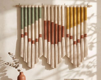 Boho Fiber Wall Art, Modern Thread Wrapped Tapestry, Knotless Textile Decor in Earthy Colors