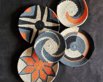 Woven Wall Basket Set: Orange Boho Decor, African Plate Style
