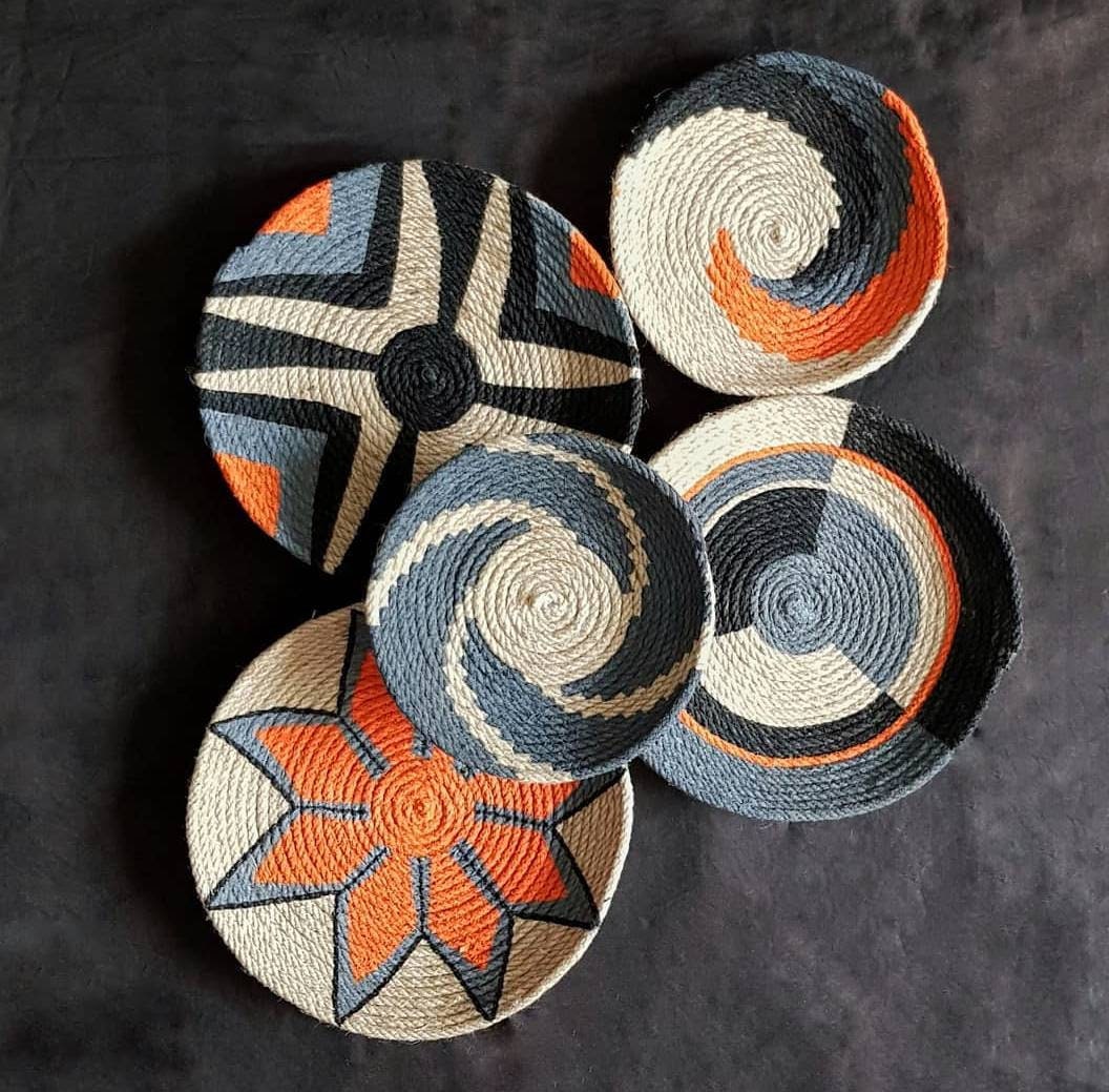 Woven Wall Basket Set Orange Boho Decor African Plate Style