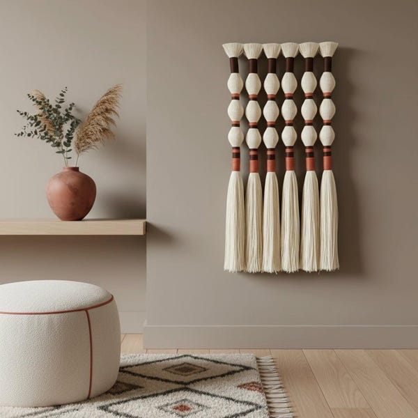 Geweven wanddecoratie van bohowol en leer: groot macramé wandtapijt (40 x 85 cm)