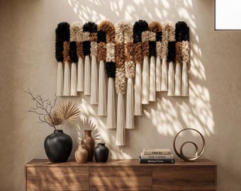 Large Black,  Brown and Beige Geometric Fiber Art Wall Hanging | Custom Macrame Tapestry