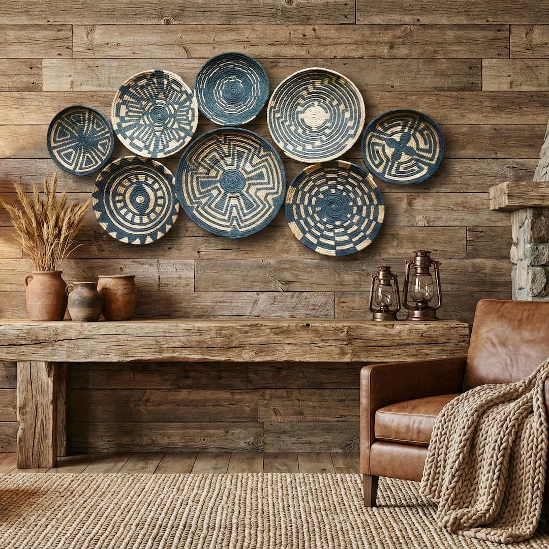 Boho Woven Wall Basket Set: Natural Wicker Plates, Living Room Decor - Etsy