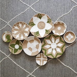 Boho Woven Wall Basket Set: White & Green Farmhouse Decor