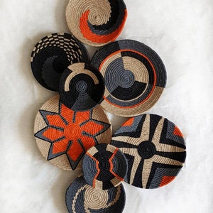 Handmade Straw Wall Plate Set: Orange, Black, and Gray Decor