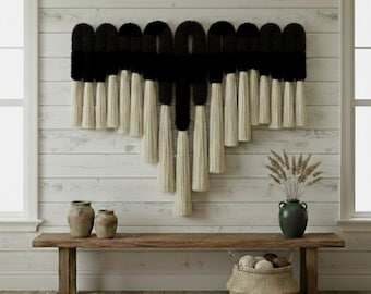 Large Black White Geometric Fiber Art Wall Hanging | Custom Macrame Tapestry