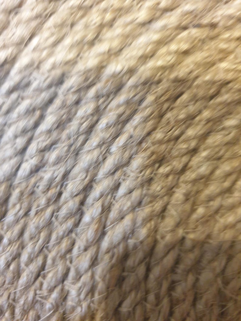 May include: Close-up of a natural fiber rope, showing the texture and weave of the fibers. The rope is a light brown color and has a rough, textured surface.
