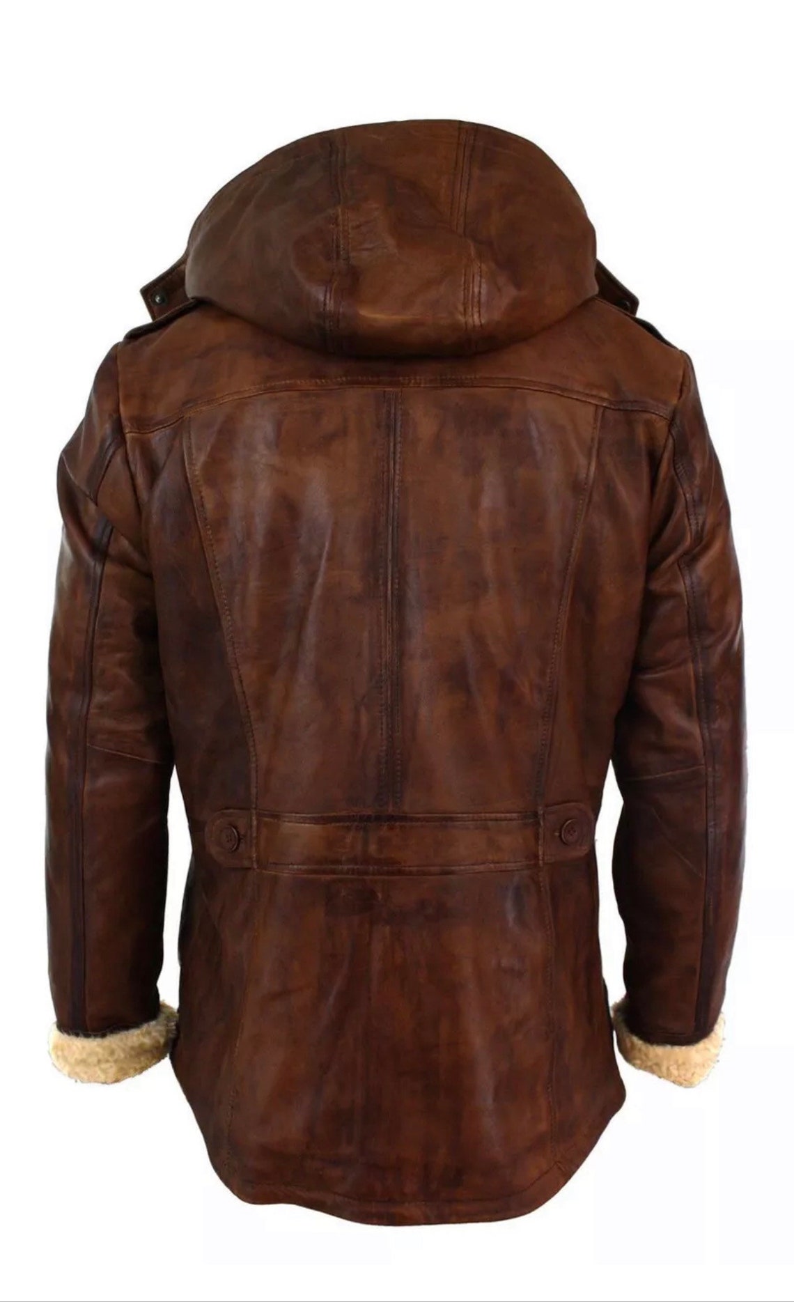 Detachable Hood Wax Brown Winter Leather Coat Men's Long Etsy