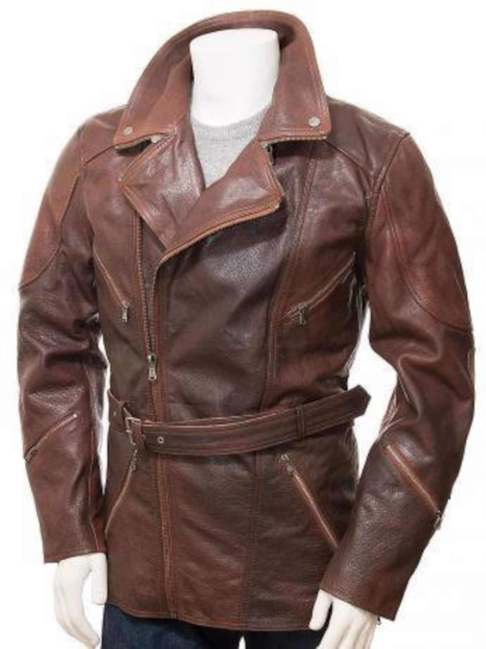 Oil Wax Brown Genuine Cowhide Leather Coat / Mens Long - Etsy