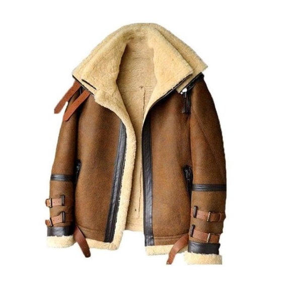 B3 Bomber Winter Jacket Double Collar Detachable Brown Genuine | Etsy UK