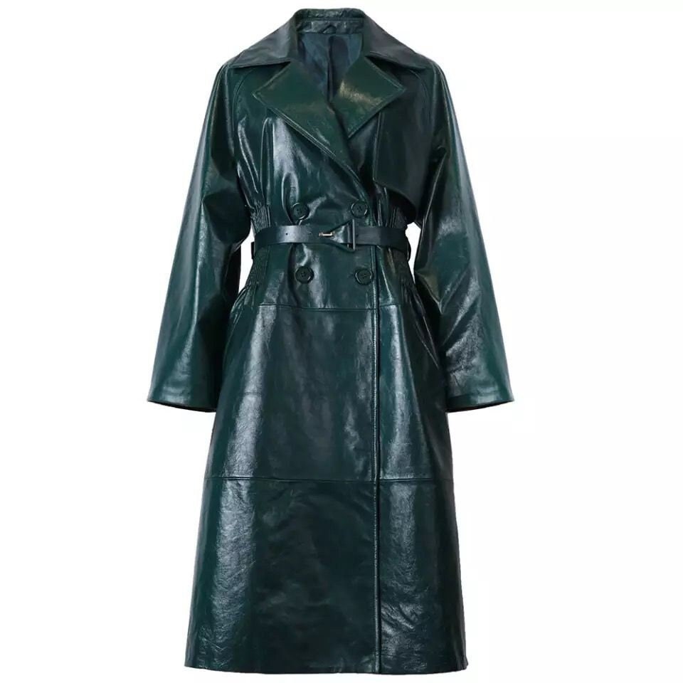 Double Breasted Women's Trench Leather Coat Green / Black - Etsy UK
