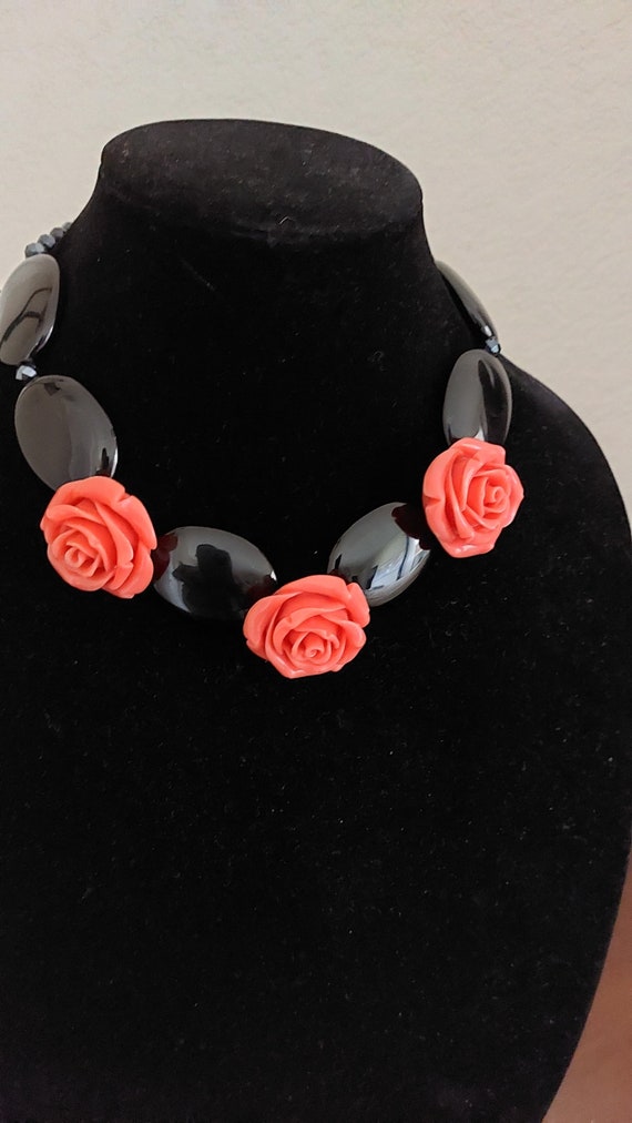 Vintage Onyx and cynthetic coral flowers , hand ma