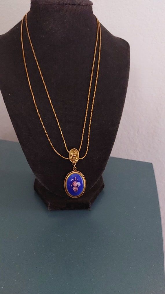 Layered Goldette blue enamel flower drop pendant