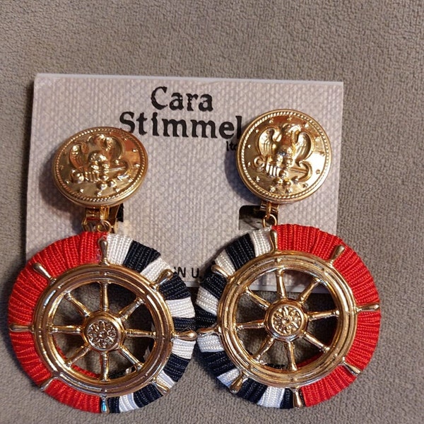 Vintage 1980s Cara Stimmel, 3” earrings, nautical theme, red, white and blue wrapped earrings