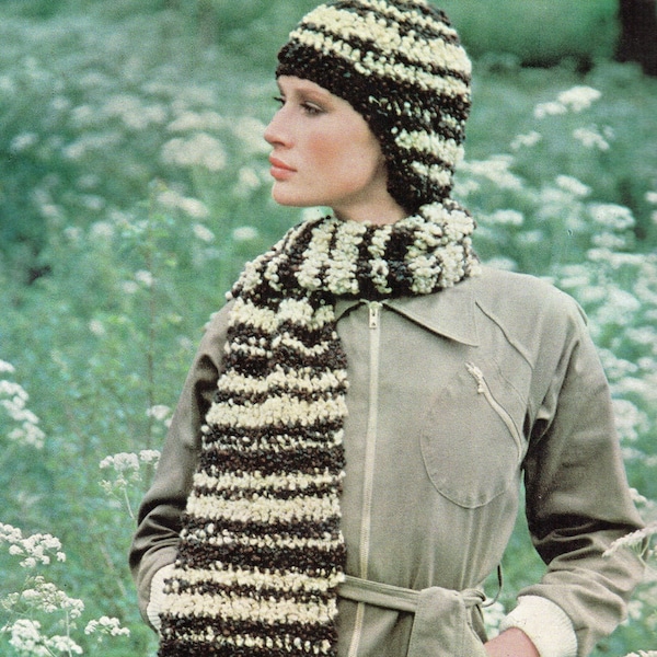 Vintage crochet pattern pdf download Skullduggery hat and scarf two colour strip retro scarf 1970s digital pattern