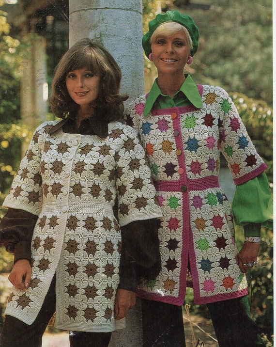 Vintage 1970s crochet pattern granny square jacket pdf digital download