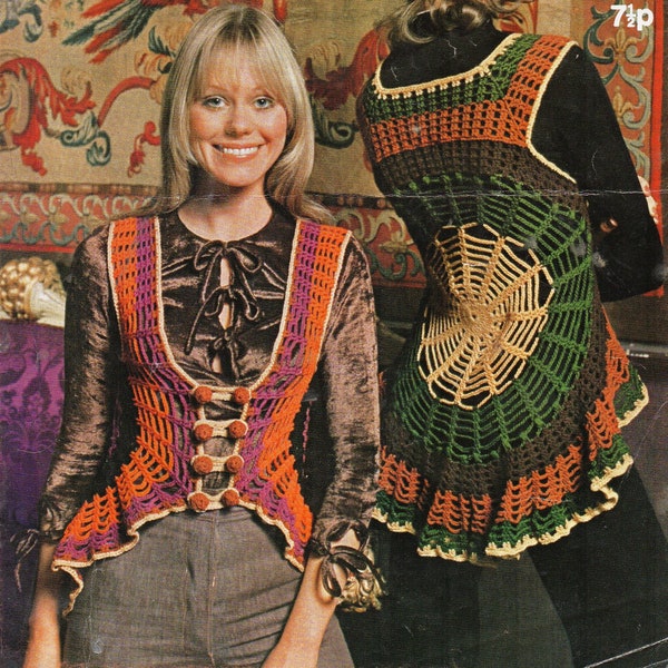 Vintage crochet pattern pdf digital download Spider Web Waistcoat original retro 1970s funky festival style