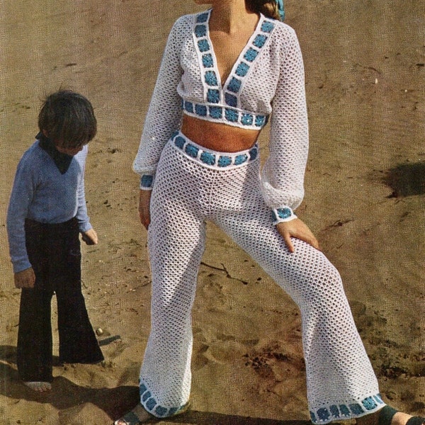 Vintage crochet pattern pdf download retro flares trouser pant set 1960s fashion for summer festivals and parties