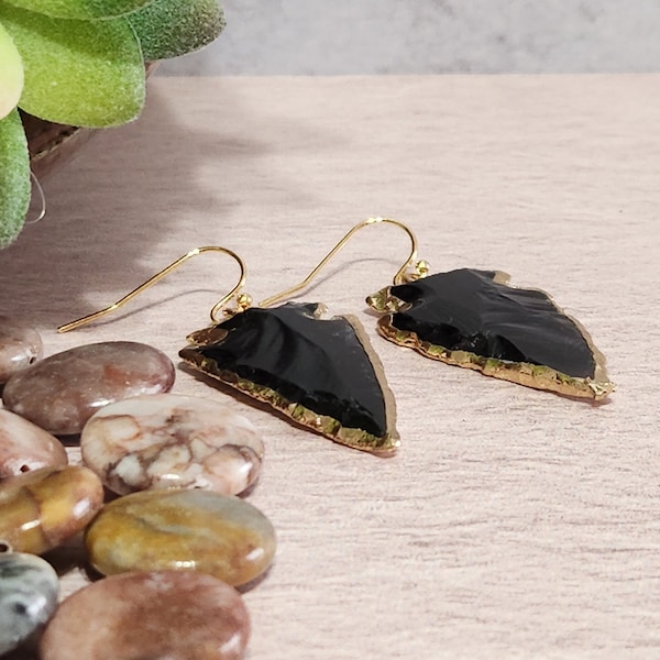 Western Earrings, Arrow Head Earrings, Gift For Her, Gold Arrow, Statement Earrings, Southwest Jewelry,  Obsidian, Natural Black Gemstone