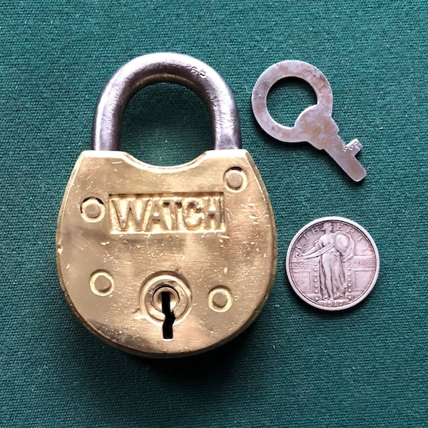 Antique WATCH Brass Lever Padlock + 1 Operable Key – Early 1900s