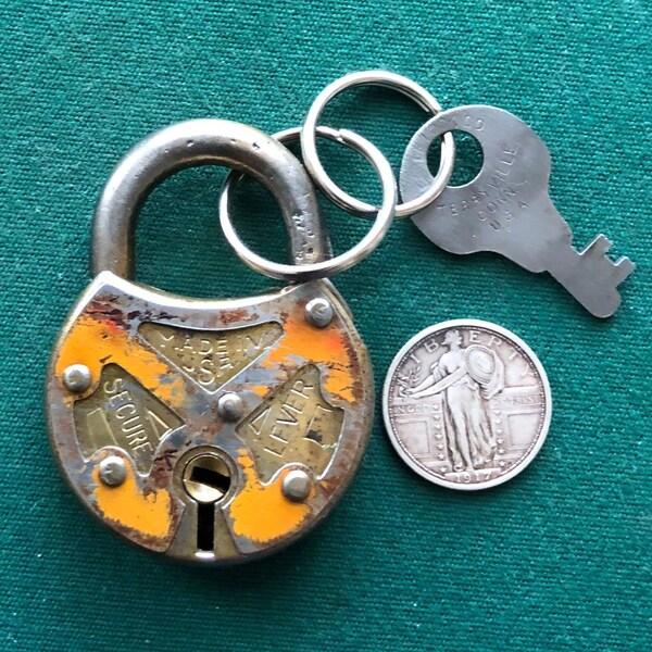 Vintage Pressed Metal Poorman's SECURE LEVER Warded Lever Padlock + 1 Operable Key – 1930s