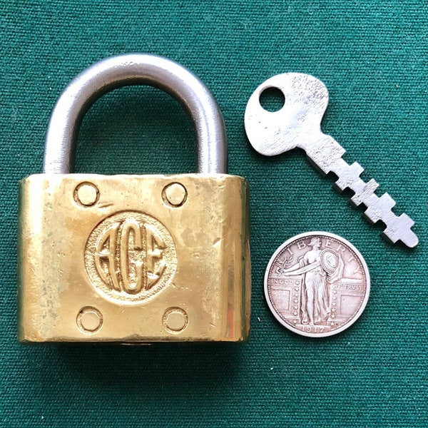 Vintage Cast Brass ACE Poorman's Padlock + 1 Operable Steel Key