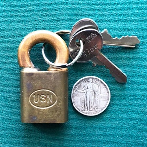 Vintage Small Brass United States Navy USN Pin Tumbler Push Key Padlock + 2 Operable Keys - CORBIN