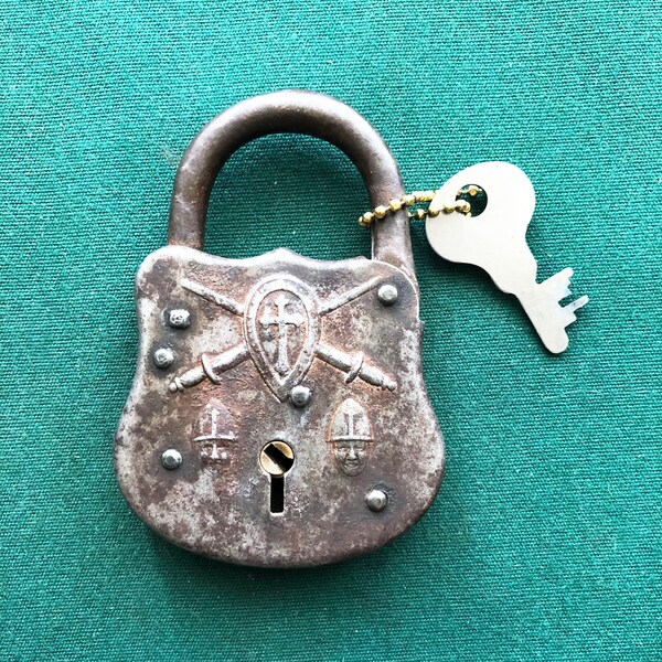 Antique Pressed Metal Multi-Lever CRUSADER Padlock + 1 Operable Steel Key – RARE