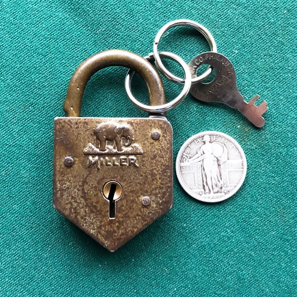 Antique Pressed Metal Elephant Poorman's Padlock + 1 ORIGINAL Key – Both Made by Miller Lock Company