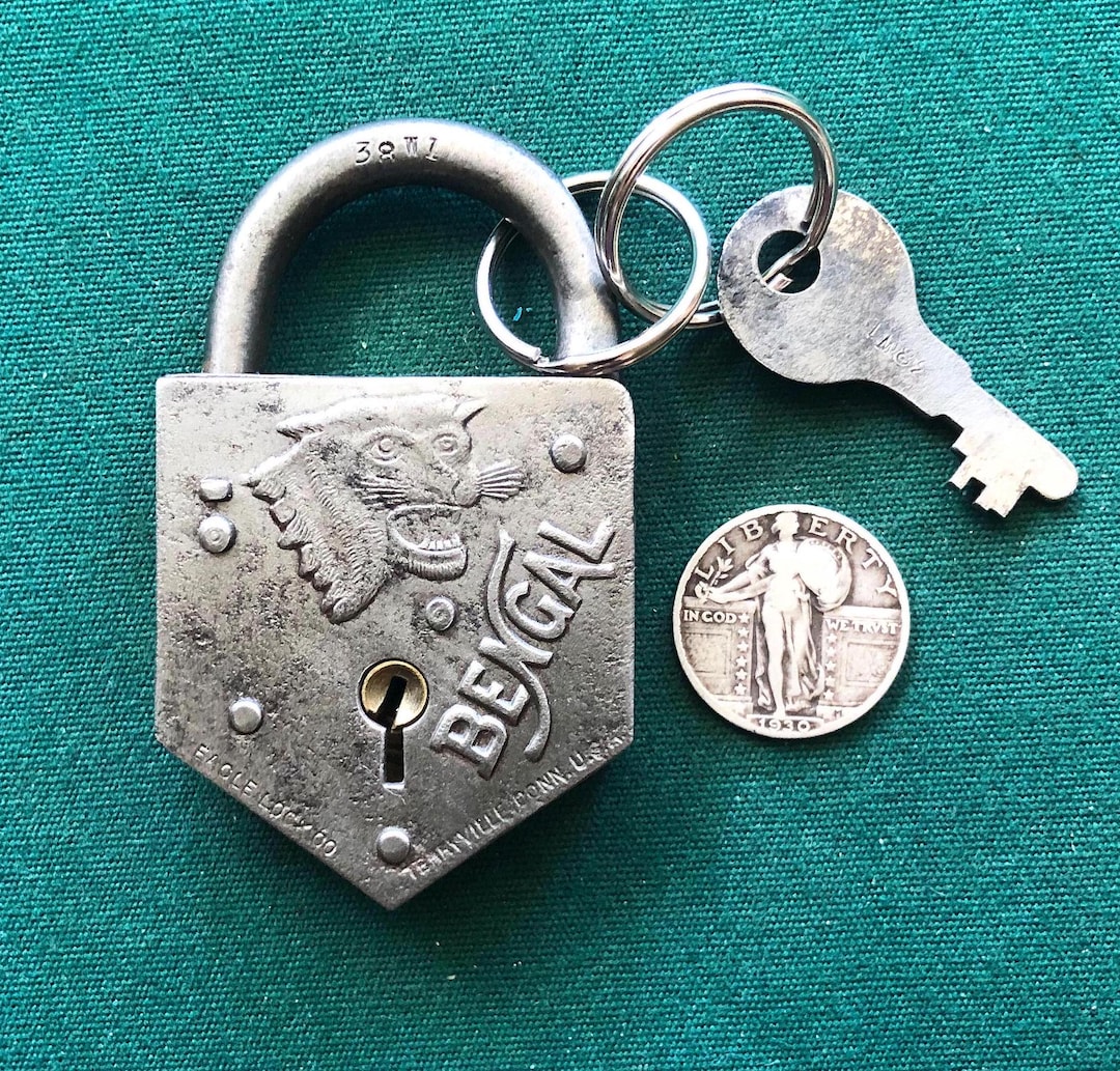 Large Antique Pressed Metal BENGAL TIGER Padlock 1 Original Key 1920s ...