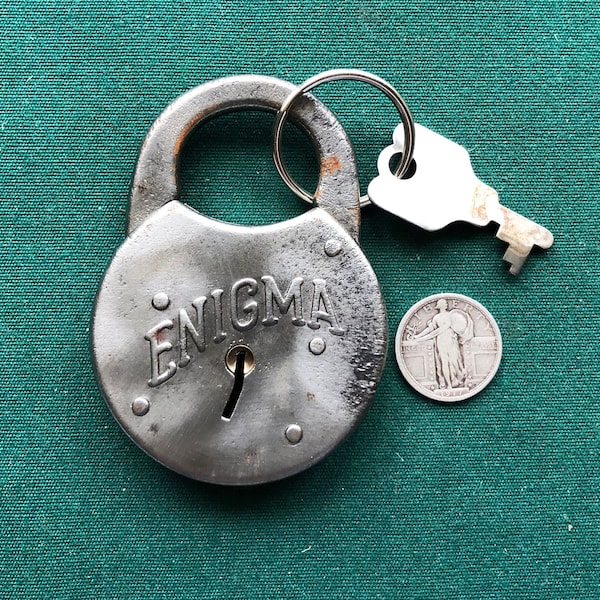 Antique Large Pressed Metal ENIGMA Poorman's Lever Padlock + 1 Operable Key – 1930s