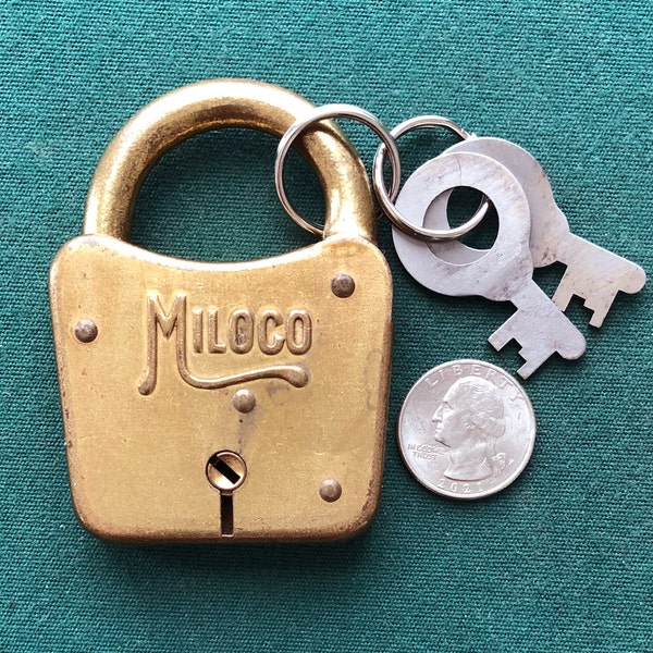 Vintage Pressed Metal Poorman's MILOCO Warded Lever Padlock + 2 Original Miller Keys – 1930s – NEAR MINT