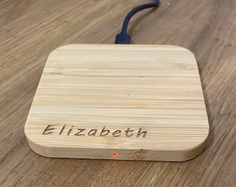 Bamboo Wireless Phone Charger, Wood, Laser Engraved, Logo, Qi Charging Pad, Text