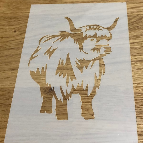 Highland Cow, Pochoir Mylar, Aérographe, Art mural, Peinture, Découpe laser, Cadeau personnalisé