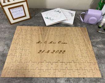 Rompecabezas de boda, Libro de visitas, Corte con láser, Sr. y Sra., Personalizado, Roble, Grabado con láser
