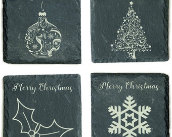 Posavasos de pizarra, Feliz Navidad, grabado con láser, personalizado, regalo, acebo, copo de nieve, árbol de Navidad, adorno